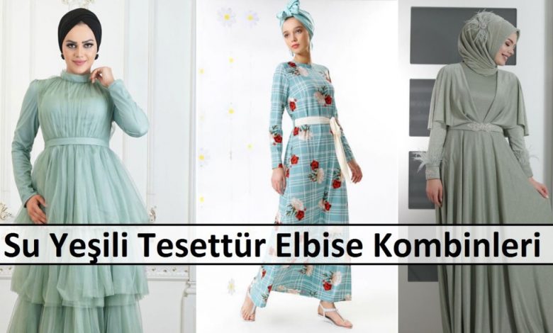 Su Yeşili Tesettür Elbise Kombinleri