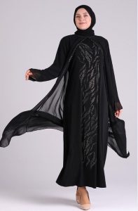 Büyük Beden Taş Baskılı Şifon Abiye Elbise Modeli – Siyah